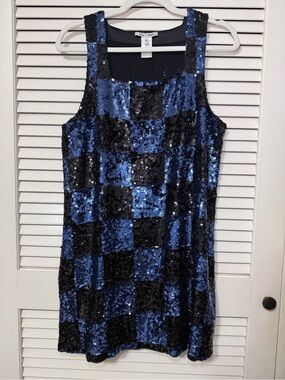 Alice + Olivia Blue & Black Sequin Check Tank Dress